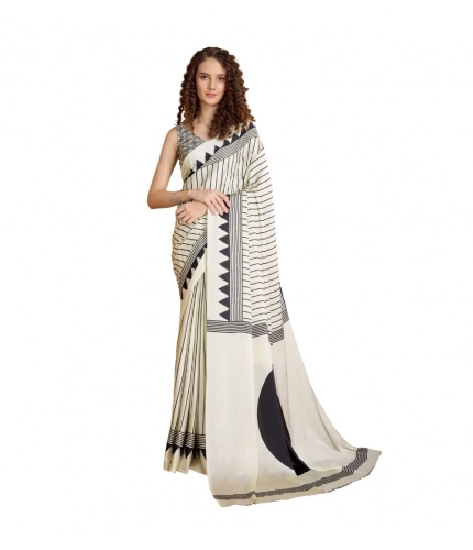 Generic Women's Satin Crepe Printed Saree With Unstitched Blouse 5.5Mtr (White)