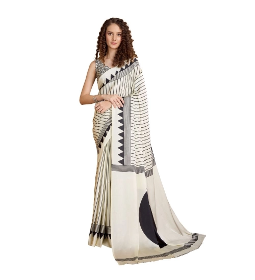 Generic Women's Satin Crepe Printed Saree With Unstitched Blouse 5.5Mtr (White)