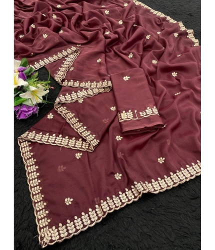 Generic Women's Georgette Embroidered Saree With Unstitched Blouse 5.5Mtr (Maroon)