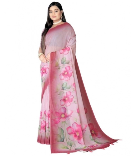 Generic Women's Georgette Floral Printed Saree With Unstitched Blouse 5.5Mtr (Rose Pink)
