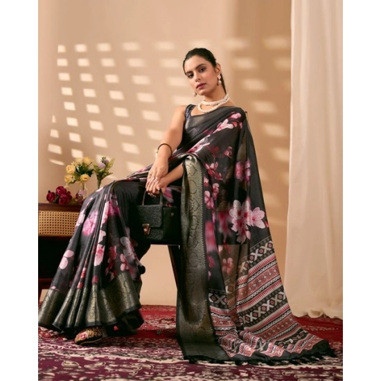 Generic Women's Faux_Silk Printed Saree With Unstitched Blouse 5.5Mtr (Black)