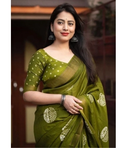 Generic Women's Cotton Silk Printed Saree With Unstitched Blouse 5.5Mtr (Green)