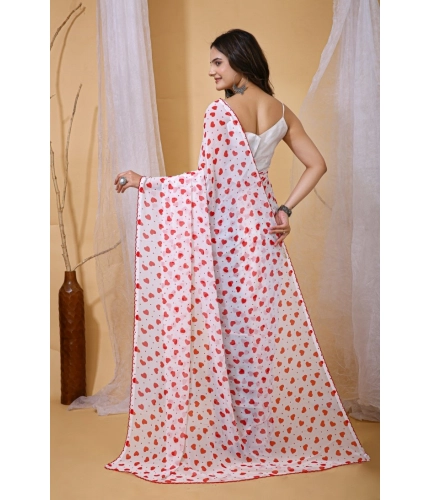 Generic Women's Georgette Printed Saree With Unstitched Blouse 5.5Mtr (White-Red)