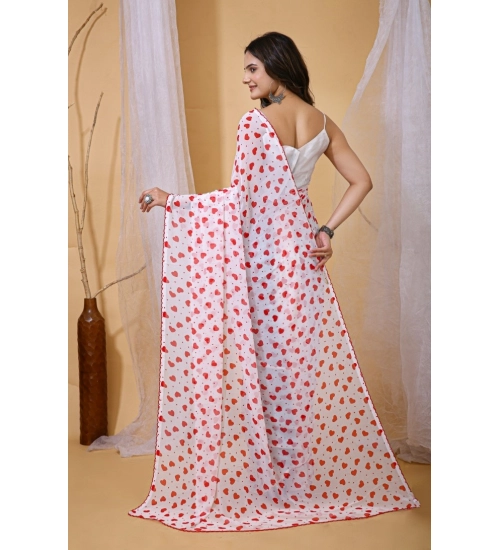 Generic Women's Georgette Printed Saree With Unstitched Blouse 5.5Mtr (White-Red)