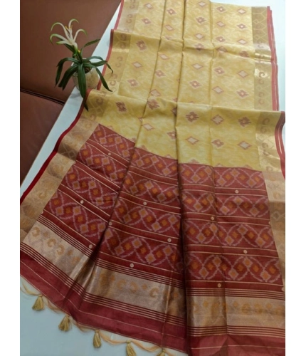 Generic Women's Raw Silk Ikkat Saree With Unstitched Blouse 5.5Mtr (Beige)