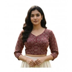 Generic Women's Ajrakh Cotton Halter Neck Padded Blouse (Maroon, 38 Ready Size (Self-Alterable 36–40)