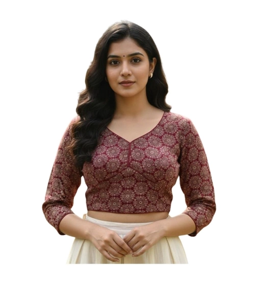 Generic Women's Ajrakh Cotton Halter Neck Padded Blouse (Maroon, 38 Ready Size (Self-Alterable 36–40)