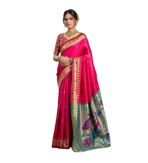 Generic Women's Silk Blend Woven Saree With Unstitched Blouse 5.5 Mtr (Pink)