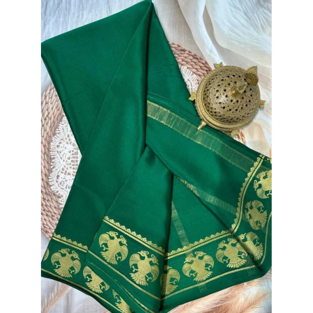 Generic Women's Crepe Chit Pallu Solid Saree With Unstitched Blouse 5.5Mtr (Green)