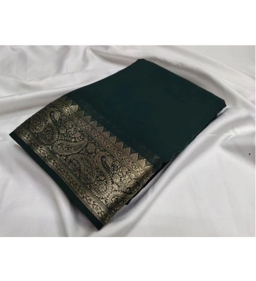 Generic Women's Crepe Chit Pallu Solid Saree With Unstitched Blouse 5.5Mtr (Bottle Green)