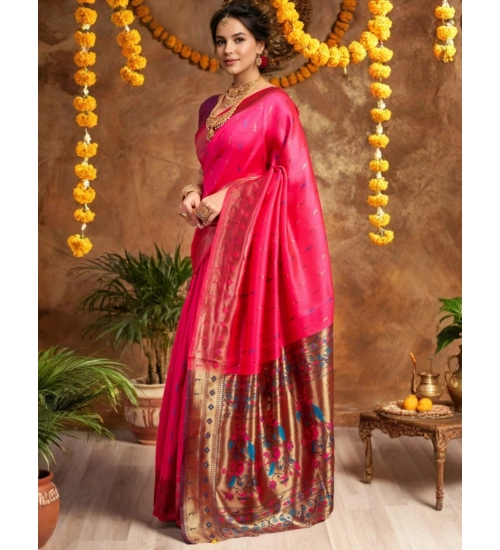 Generic Women's Silk Blend Zari Woven Saree With Unstitched Blouse 5.5Mtr (Pink)
