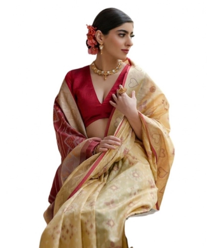 Generic Women's Silk_Blend Ethnic Ikat Pattern Saree With Unstitched Blouse 5.5Mtr (Cream)