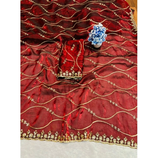 Generic Women's Slik Embellished Saree With Unstitched Blouse 5.5Mtr (Maroon)