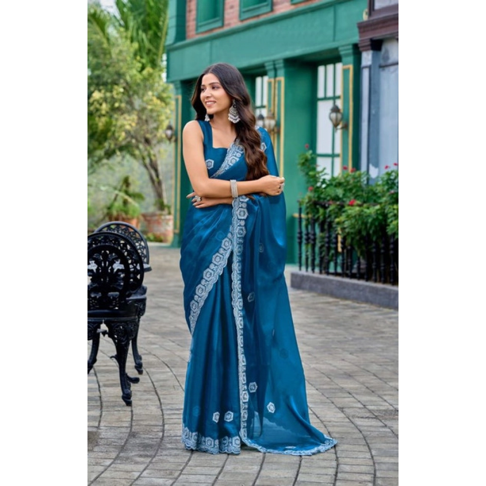 Generic Women's Faux Shimmer Geometric Ready to wear Saree With Unstitched Blouse 5.5Mtr (Blue) Generic Women's Faux Shimmer Geometric Ready to wear Saree With Unstitched Blouse 5.5Mtr (Blue)