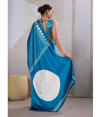 Generic Women's Satin Crepe Printed Saree With Unstitched Blouse 5.5Mtr (Rama Blue)