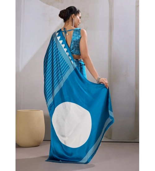Generic Women's Satin Crepe Printed Saree With Unstitched Blouse 5.5Mtr (Rama Blue)