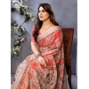 Generic Women's Linen Cotton  Printed Saree With Unstitched Blouse 5.5Mtr (Orange )