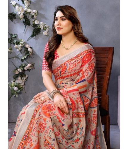 Generic Women's Linen Cotton  Printed Saree With Unstitched Blouse 5.5Mtr (Orange )