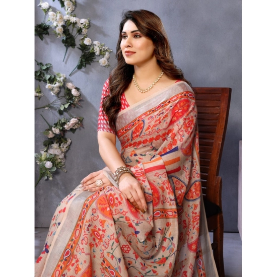 Generic Women's Linen Cotton  Printed Saree With Unstitched Blouse 5.5Mtr (Orange )