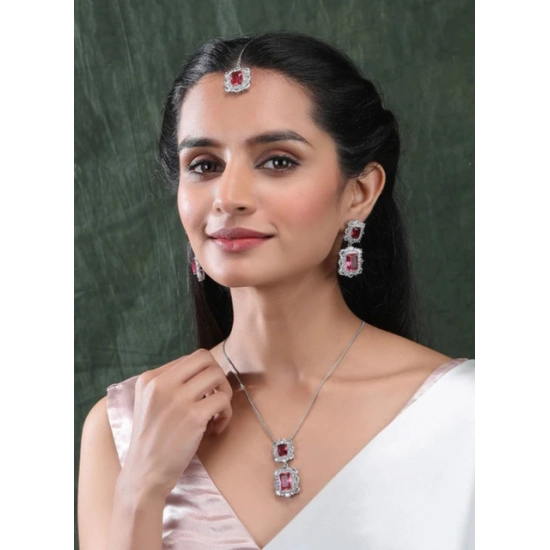 Generic Women's Brass Silver Plated Pendant Set (Red) Generic Women's Brass Silver Plated Pendant Set (Red)