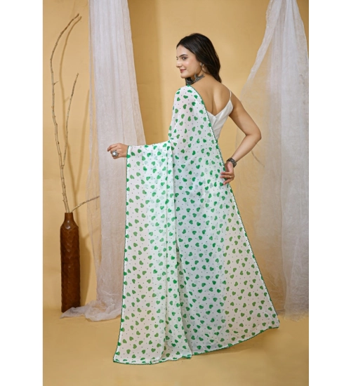Generic Women's Georgette Printed Saree With Unstitched Blouse 5.5Mtr (White-Green)