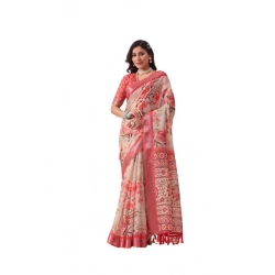 Generic Women's Faux_Linen Printed Saree With Unstitched Blouse 5.5Mtr (Peach)