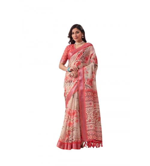 Generic Women's Faux_Linen Printed Saree With Unstitched Blouse 5.5Mtr (Peach)