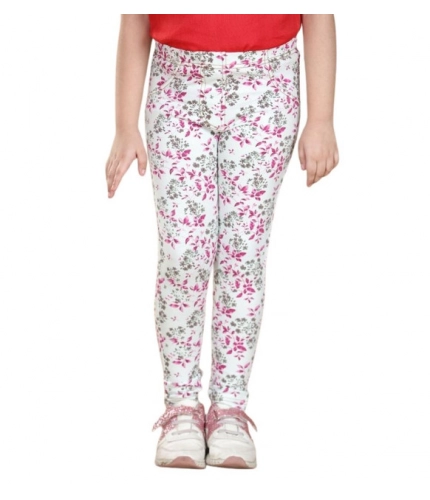 Generic Girl's Cotton Lycra Floral Elasticated Jeggings (White-Pink) Generic Girl's Cotton Lycra Floral Elasticated Jeggings (White-Pink)