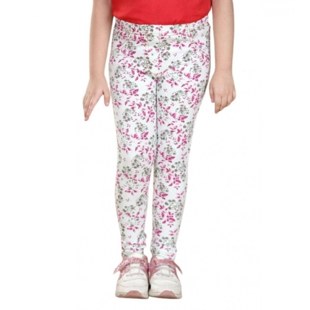Generic Girl's Cotton Lycra Floral Elasticated Jeggings (White-Pink) Generic Girl's Cotton Lycra Floral Elasticated Jeggings (White-Pink)
