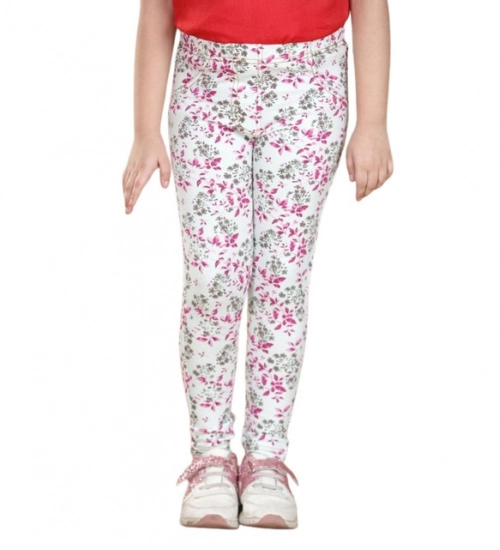 Generic Girl's Cotton Lycra Floral Elasticated Jeggings (White-Pink) Generic Girl's Cotton Lycra Floral Elasticated Jeggings (White-Pink)