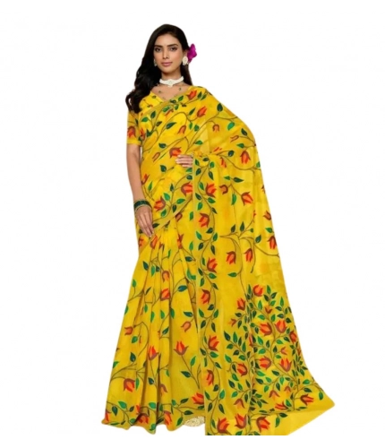 Generic Women's Georgette Printed Saree With Unstitched Blouse 5.5Mtr (Yellow)