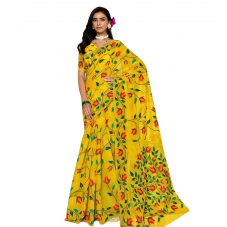 Generic Women's Georgette Printed Saree With Unstitched Blouse 5.5Mtr (Yellow)