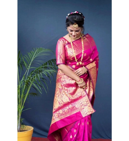 Generic Women's Soft Litchi Silk Jacquard Work Saree With Unstitched Blouse 5.5Mtr (Pink)