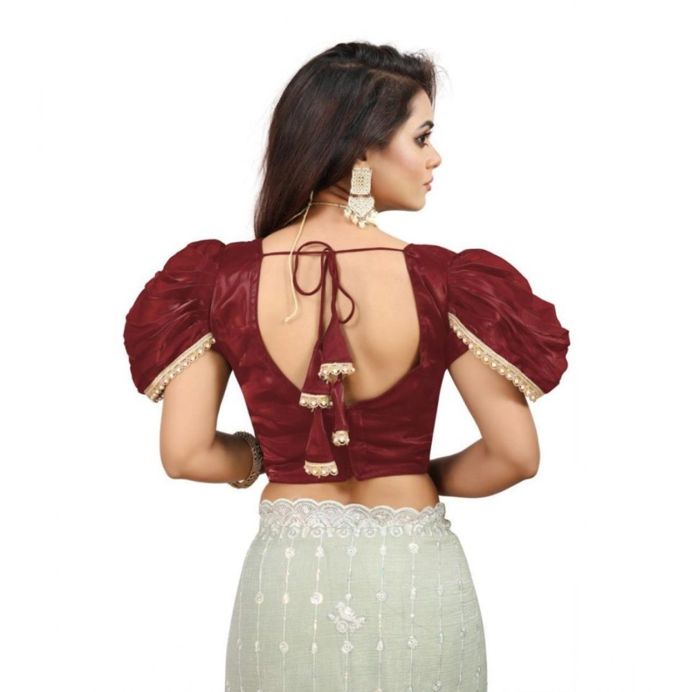 Generic Women's Jimmy Solid V Neck Puff Sleeve Readymade Blouse (Maroon 38 , Alterable up to 42)-PID65840