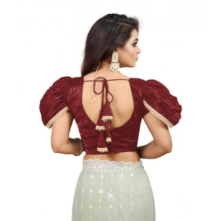Generic Women's Jimmy Solid V Neck Puff Sleeve Readymade Blouse (Maroon 38 , Alterable up to 42)-PID65840