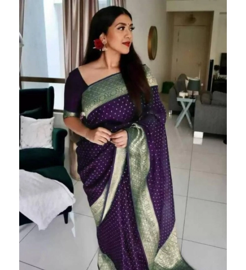 Generic Women's Litchi silk Printed Saree With Unstitched Blouse (Purple)