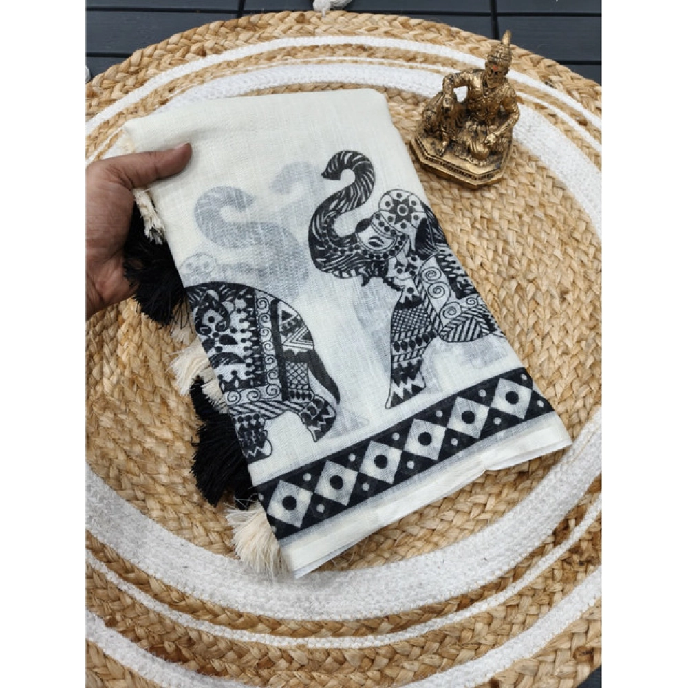 Generic Women's Linen Cotton Printed Saree With Unstitched Blouse 5.5Mtr (Cream & Black) Generic Women's Linen Cotton Printed Saree With Unstitched Blouse 5.5Mtr (Cream & Black)
