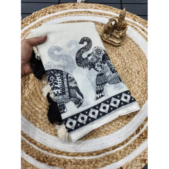 Generic Women's Linen Cotton Printed Saree With Unstitched Blouse 5.5Mtr (Cream &amp; Black)