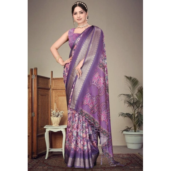 Generic Women's Cotton Silk  Printed Saree With Unstitched Blouse 5.5Mtr (Purple)