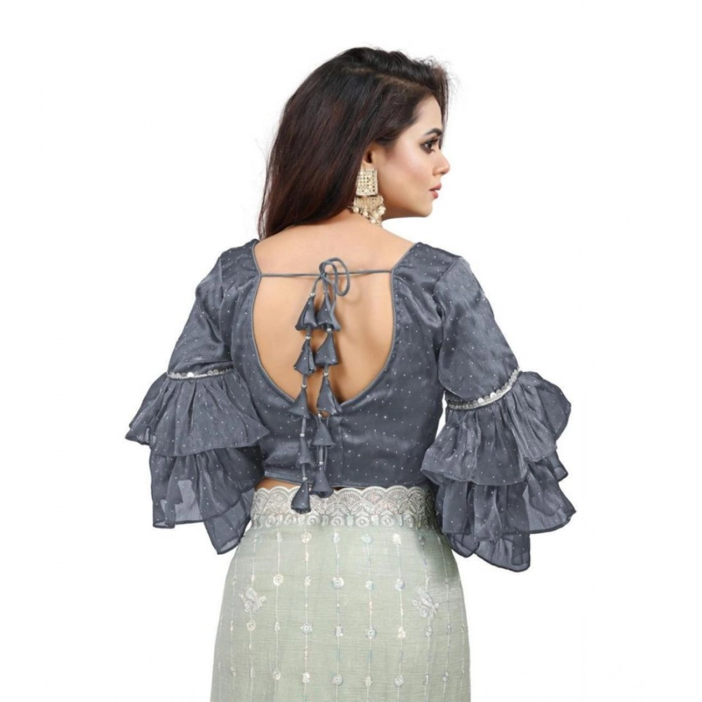 Generic Women's Organza Solid V Neck Layered Ruffle Sleeve Readymade Blouse (Grey Free Size , up to 38–40 Bust)-PID65851