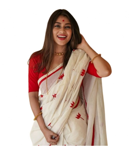 Generic Women's Linen Printed Saree With Unstitched Blouse 5.5Mtr (White)