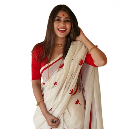 Generic Women's Linen Printed Saree With Unstitched Blouse 5.5Mtr (White)