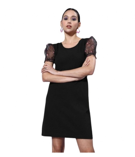Generic Women's Organza And Polyester Lycra Floral Short Sleeve Dress (Black)