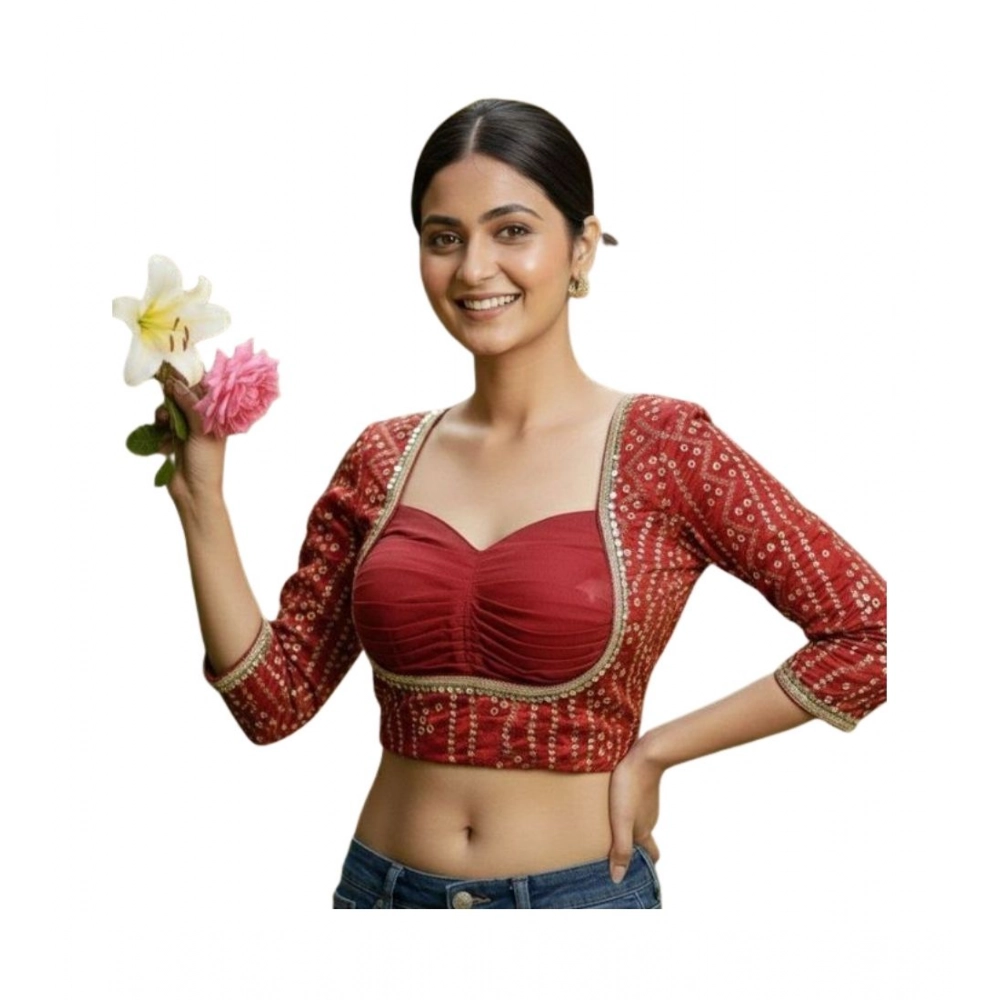 Generic Women's Rayon Sabyasachi Style Round Neck Padded Blouse (Maroon, 38 Ready Size (Self-Alterable 36–40)