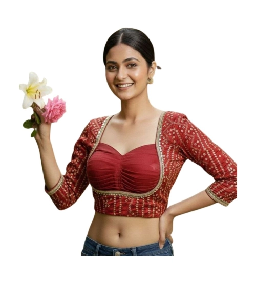 Generic Women's Rayon Sabyasachi Style Round Neck Padded Blouse (Maroon, 38 Ready Size (Self-Alterable 36–40)