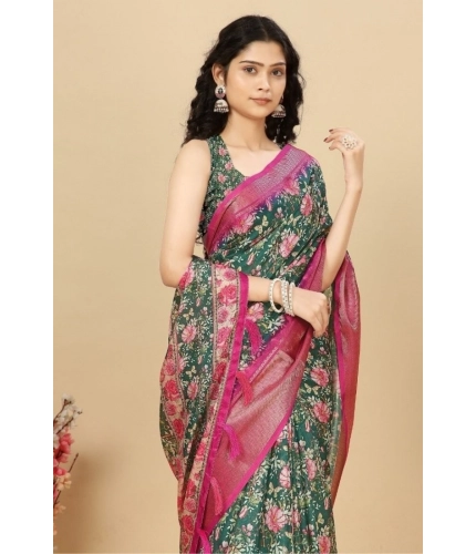 Generic Women's Cotton Silk Floral Printed Saree With Unstitched Blouse 5.5Mtr (Green)