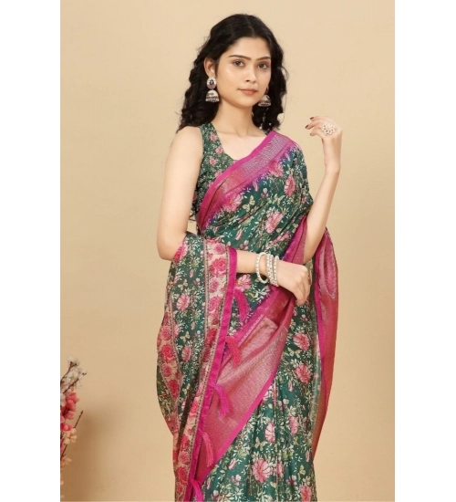 Generic Women's Cotton Silk Floral Printed Saree With Unstitched Blouse 5.5Mtr (Green)