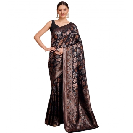 Generic Women's Soft Silk Jacquard Saree With Unstitched Blouse 5.5Mtr (Black)