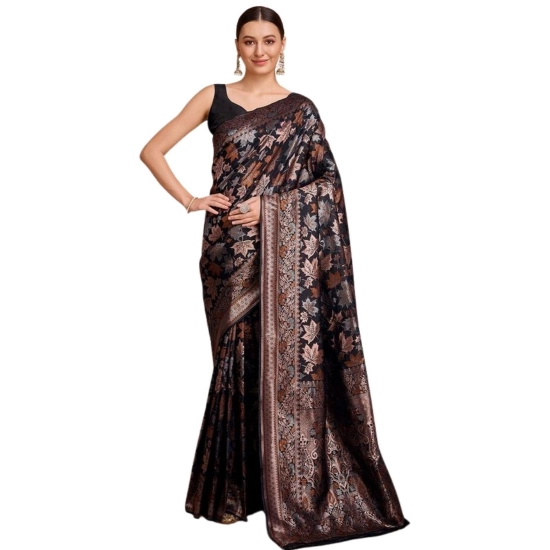 Generic Women's Soft Silk Jacquard Saree With Unstitched Blouse 5.5Mtr (Black)