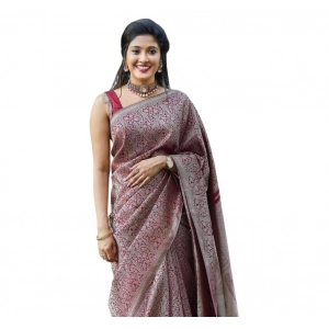 Generic Women's Soft Lichi Silk Printed Saree With Unstitched Blouse 5.5Mtr (Wine)